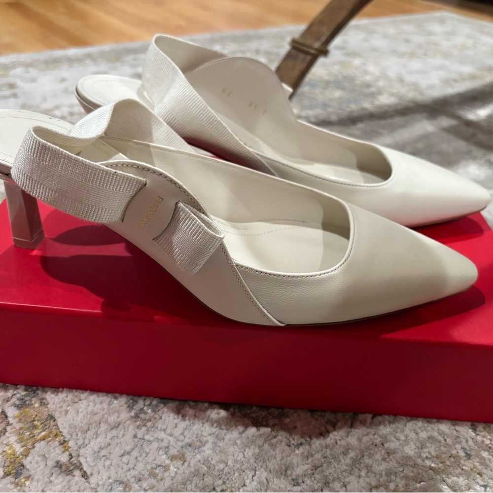 Salvatore Ferragamo White Slingback Pointed Toe Heels